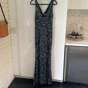 Embellished sleeveless V neck gown, Slate Blue